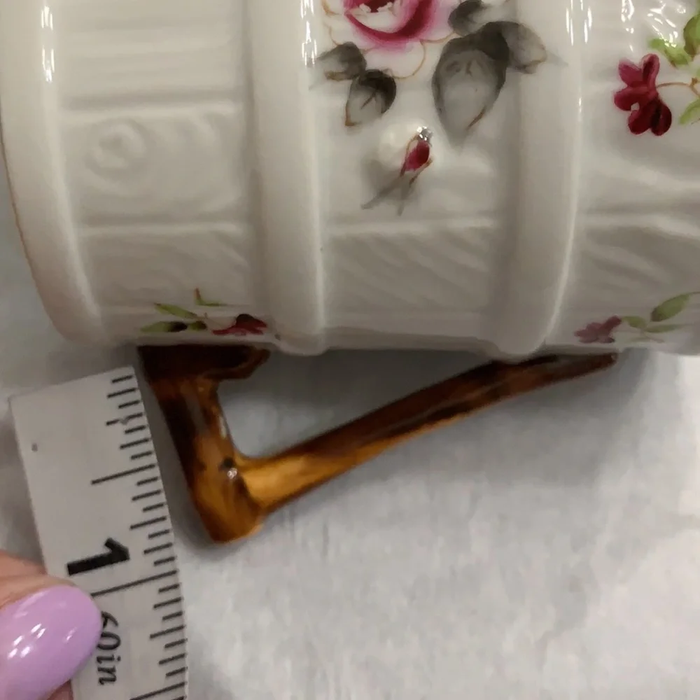 Bone China with faux bois handle with floral barrel creamer pitcher
